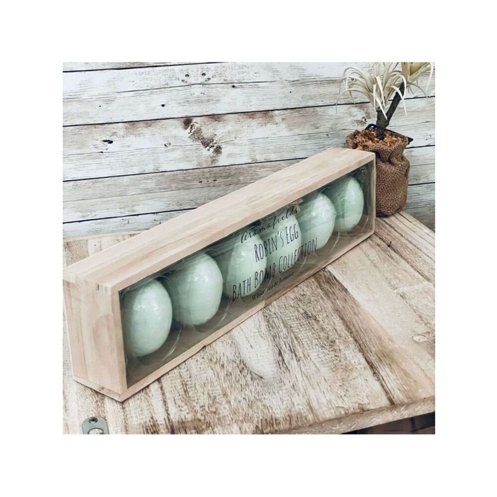 NWT 6 aromafields ROBIN'S EGG White Tea & Jasmine BATH BOMB COLLECTION /Wood Box